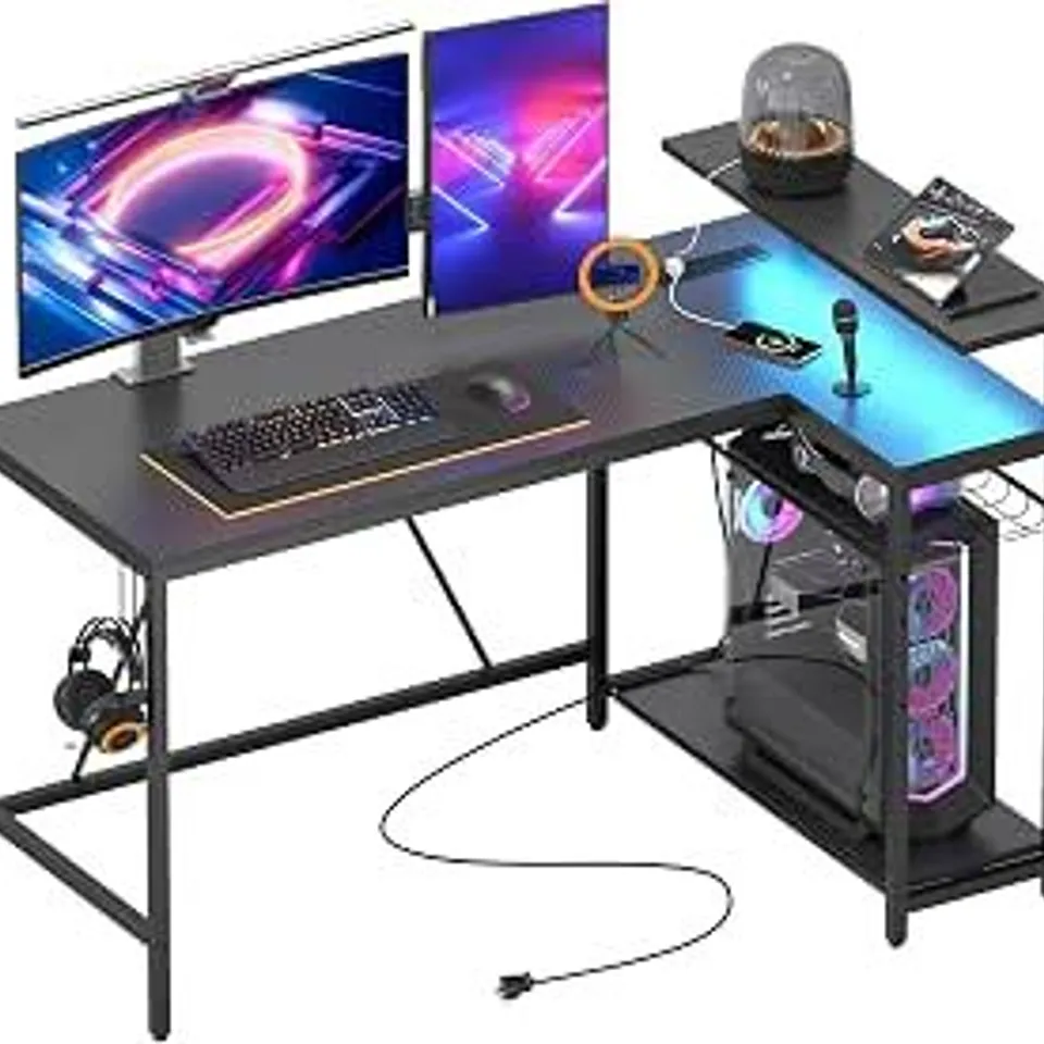 BOXED BESTIER 132.5CM L-SHAPED DESK WITH 3 POWER OUTLETS & 2 USB PORTS, LED STRIP LIGHTS – REVERSIBLE CORNER PC WORKSTATION