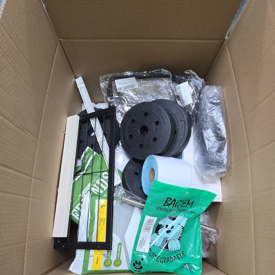 BOX OF APPROXIMATELY 12 ASSORTED HOUSEHOLD ITEMS INCLUDING HEAVY DUTY REFUSE SACKS , SCOURING PADS AND SMALL WICKER BASKET 