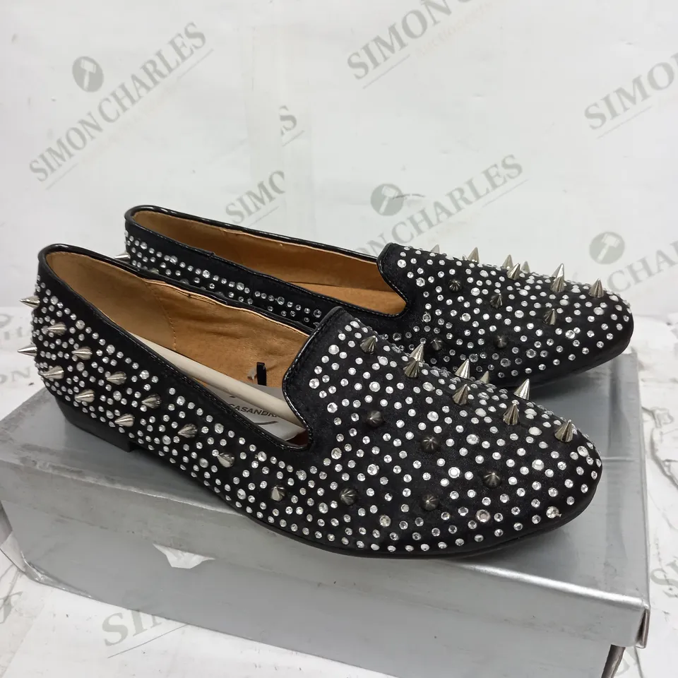 CASANDRA BLACK SATIN LOW SPIKED SHOES - SIZE 6