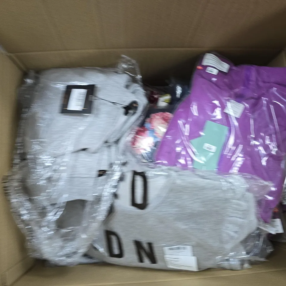 LARGE BOX OF ASSORTED CLOTHING ITEMS IN VARIOUS COLORS , SIZES AND STYLES