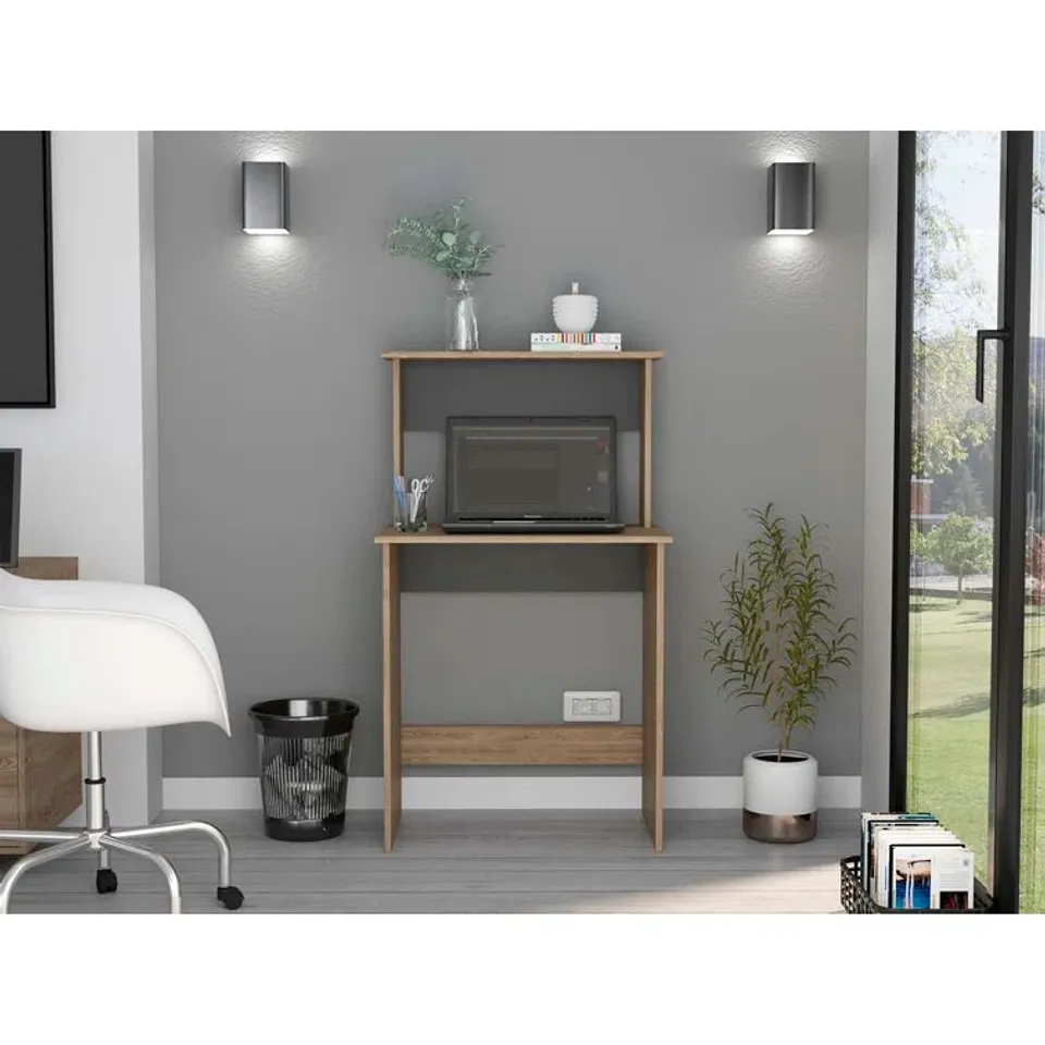 BOXED ROCKLIN HOME OFFICE DESK WITH TOP SHELL HUTCH - BLEACHED OAK/MATT GREY (1 BOX)