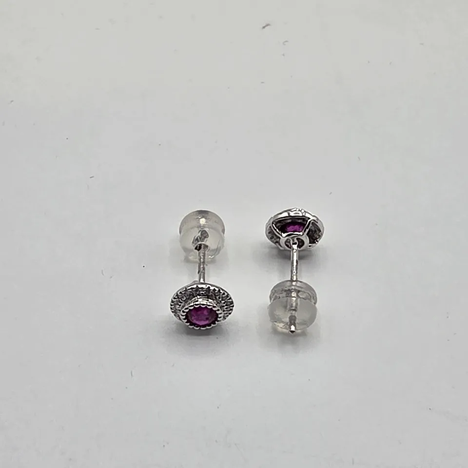 18CT WHITE GOLD CLUSTER EARRINGS SET WITH RUBIES AND NATURAL DIAMONDS