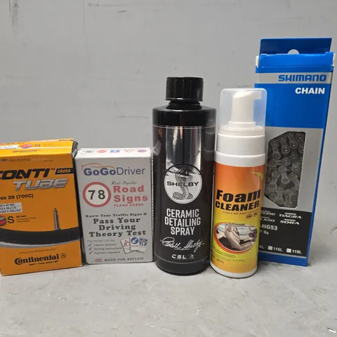 APPROXIMATELY 10 ASSORTED ITEMS TO INCLUDE - FOAM CLEANER , CONTI CROSS TUBE 28 700C , SHIMANO CHAIN CN-HG53 ETC