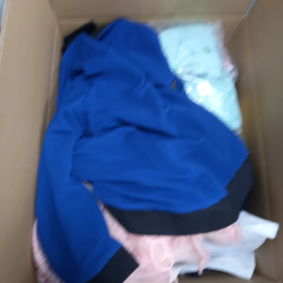 BOX OF ASSORTED CLOTHING ITEMS TOO INCLUDE JUMPERS, SHIRTS AND TROUSERS IN VARIOUS SIZES AND COLOURS   