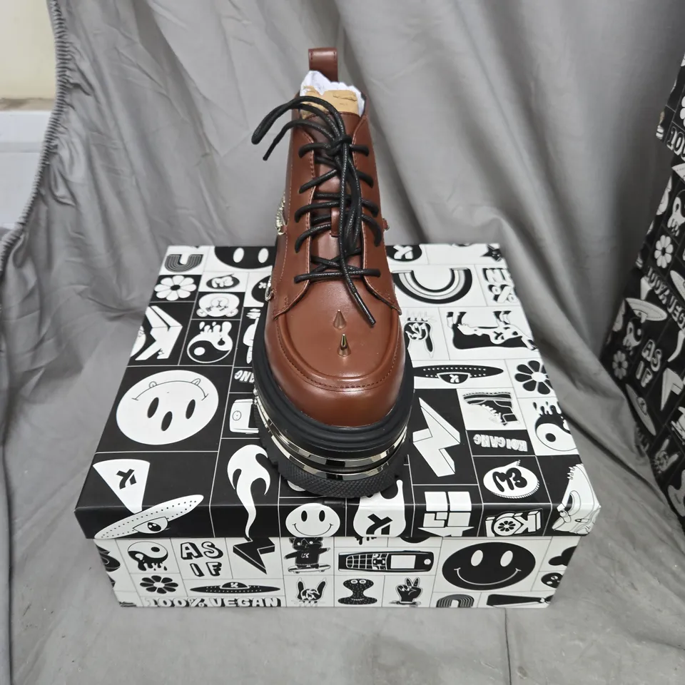 BOXED PAIR OF KOI THE SILENCE PLATFORM GRUNGE BOOTS IN BROWN - UK 3