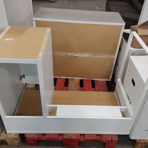 PALLET OF FURNITURE PARTS INCLUDING: WRITING DESK, STORAGE CABINET - BOTH ITEMS ARE MISSING PARTS/BROKEN