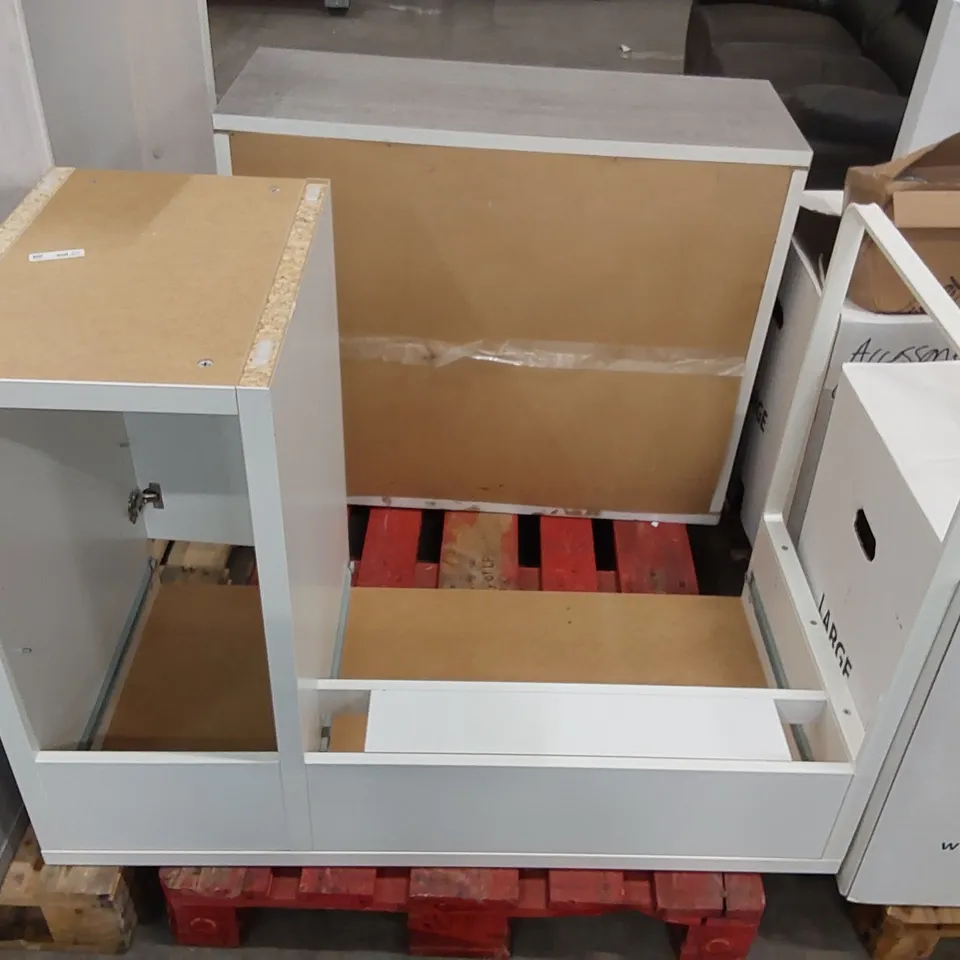 PALLET OF FURNITURE PARTS INCLUDING: WRITING DESK, STORAGE CABINET - BOTH ITEMS ARE MISSING PARTS/BROKEN