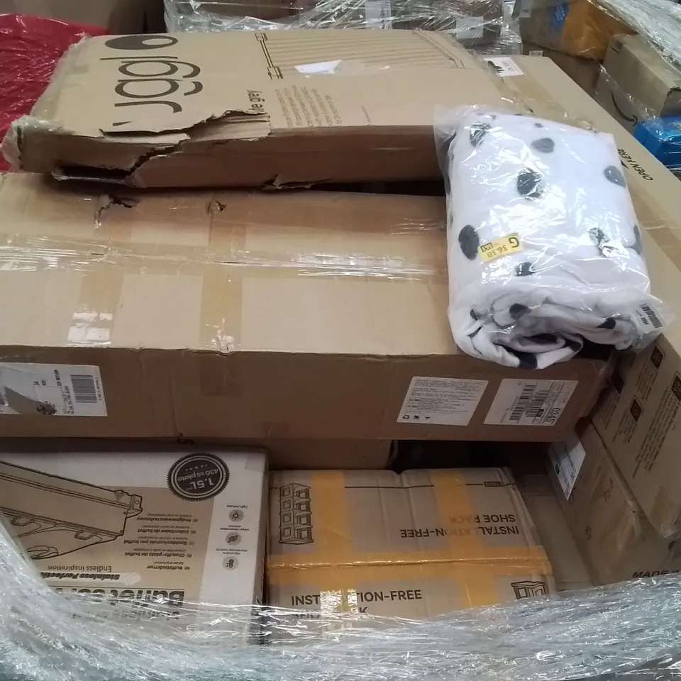 PALLET CONTAINING VARIOUS ASSORTED BOXED ITEMS TO INCLUDE, TOWER FAN, RICE COOKER, SHOE RACK, BUFFET SERVER, PET STROLLER AND LOTS MORE UNMARKED BOXED ITEMS 