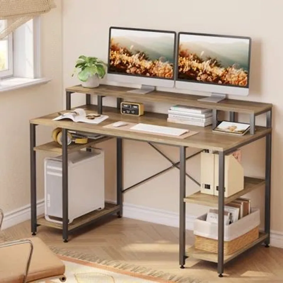 BOXED KINSLEE 55INCH COMPUTER DESK, OFFICE WORK DESK WITH MONITOR STAND - OAK (1 BOX)