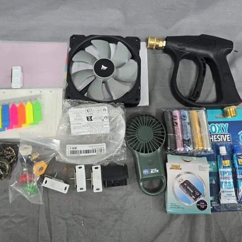 LOT OF ASSORTED HOUSEHOLD ITEMS TO INCLUDE CORSAIR FANS, SPRAY NOZZLES AND EPOXY ADHESIVE