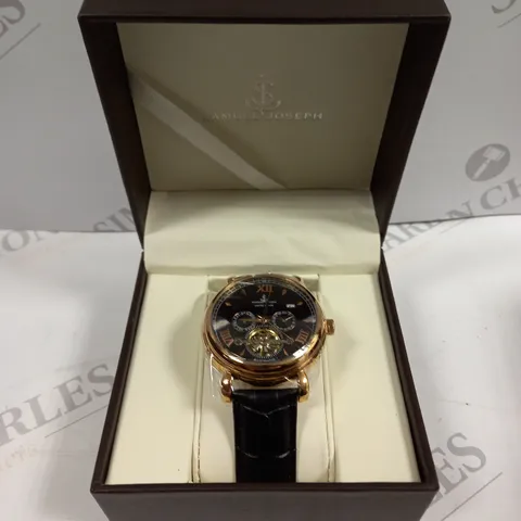 BOXED SAMUEL JOSEPH AUTOMATIC ROSE BLACK WATCH WITH LEATHER STRAP