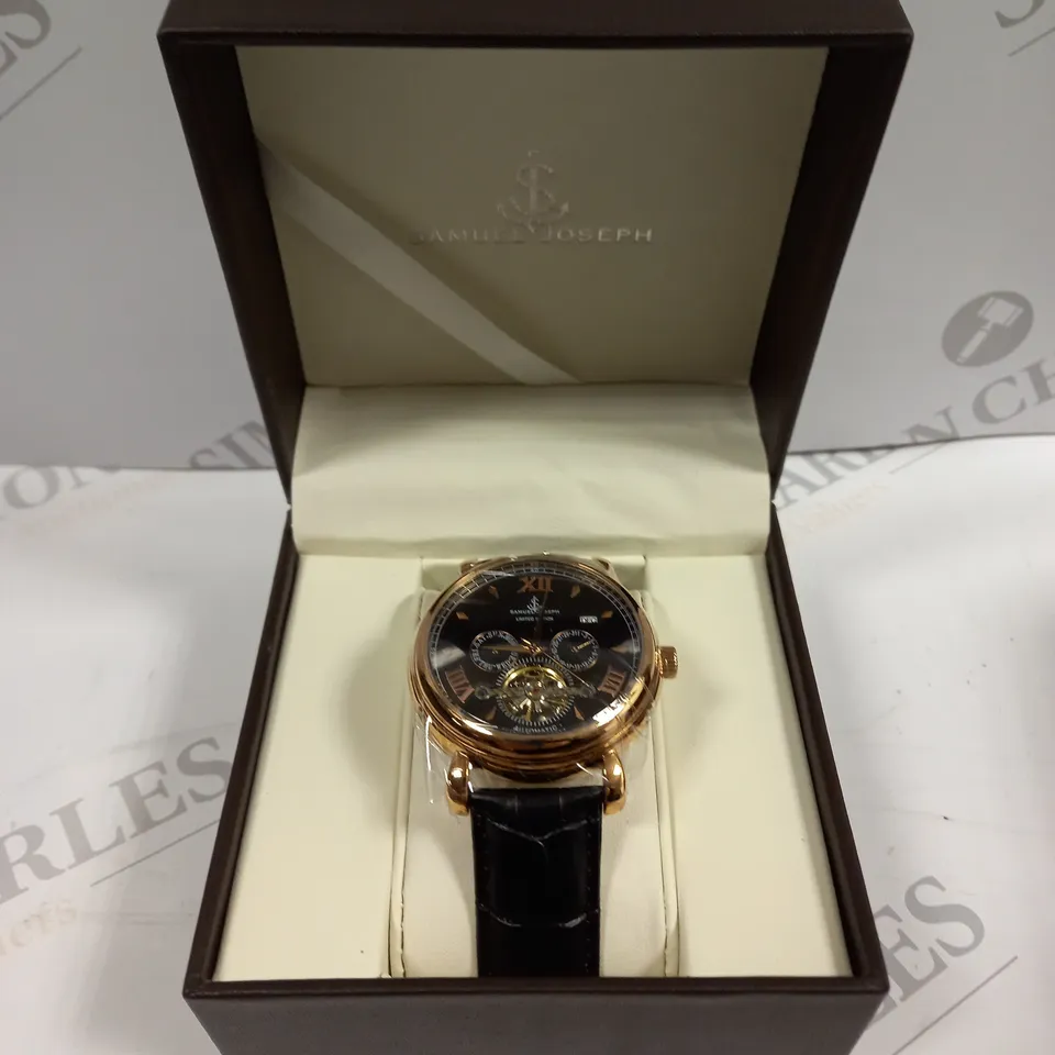 BOXED SAMUEL JOSEPH AUTOMATIC ROSE BLACK WATCH WITH LEATHER STRAP