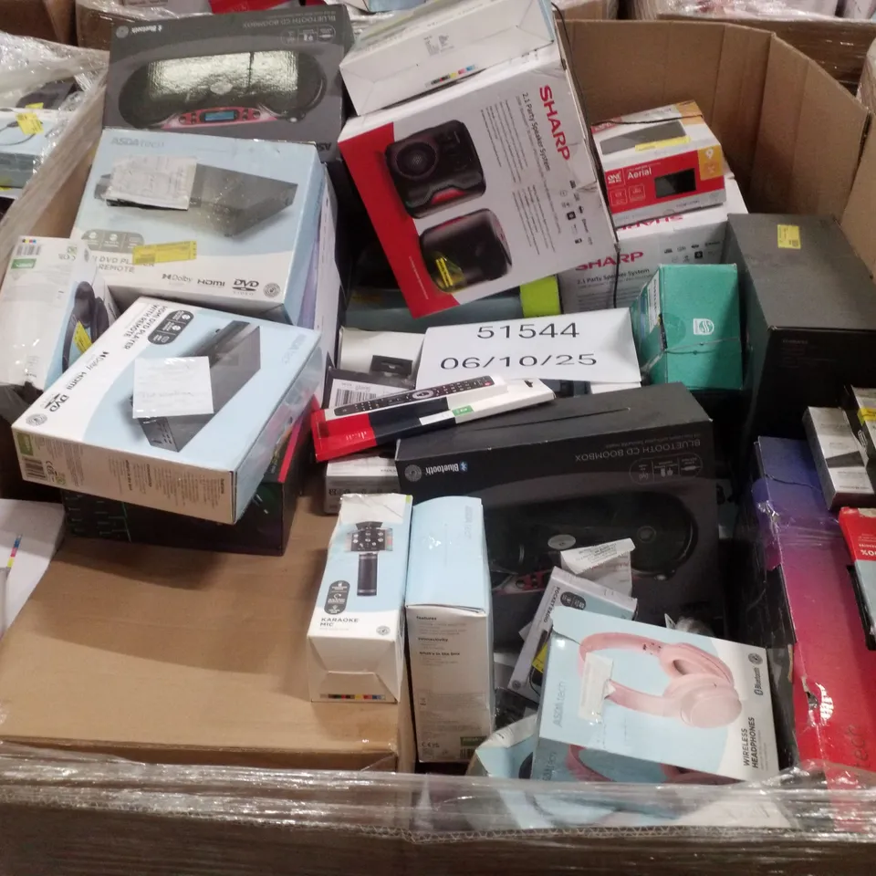 PALLET CONTAINING ASSORTED ELECTRICAL PRODUCTS INCLUDING BLUETOOTH BOOKSHELF SPEAKERS, HDMI DVD PLAYER, WIRELESS HEADPHONES, HP DESKJET 2810E PRINTER, HI-FI MICRO SYSTEM & HOME SECURITY WI-FI CAMERA 