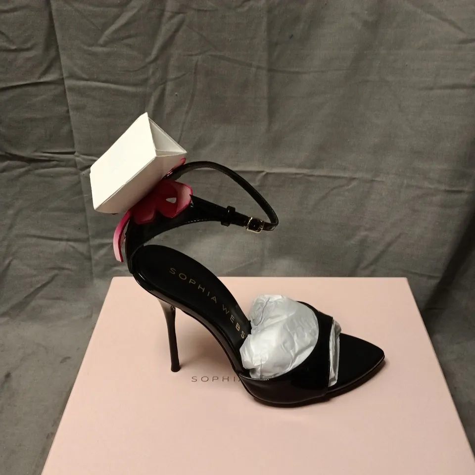 SOPHIA WEBSTER BLACK PATENT LEATHER SANDALS – WOMEN'S OPEN-TOE STILETTO WITH ANKLE STRAP SIZE 37.5