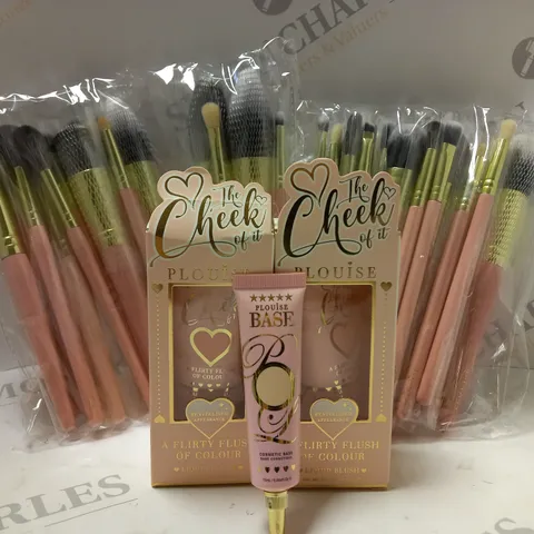 BOX OF 5 ASSORTED P LOUISE PRODUCTS TO INCLUDE 2 X BRUSH SETS, 2 X THE CHEEK OF IT LIQUID BLUSH #BONBON BABY, BASE #RUMOUR 01