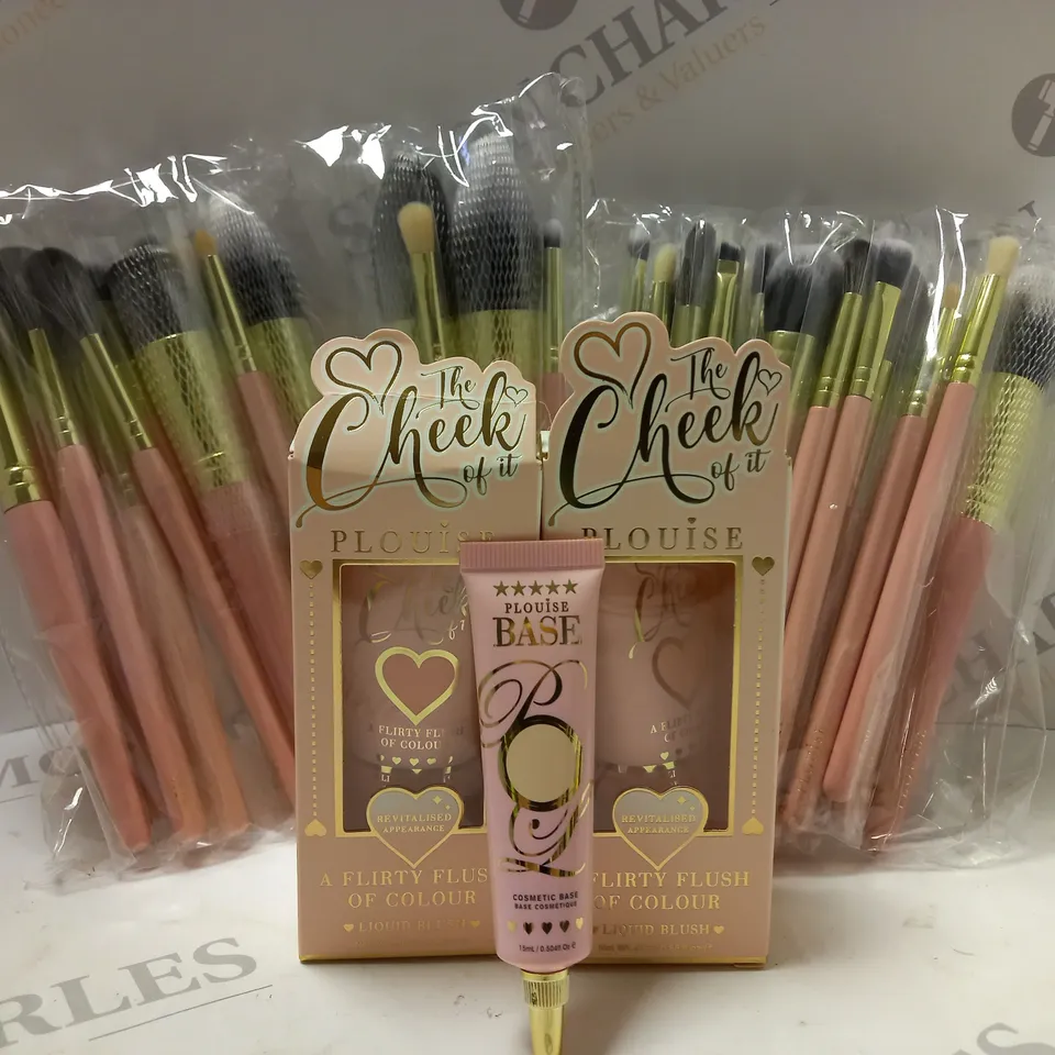 BOX OF 5 ASSORTED P LOUISE PRODUCTS TO INCLUDE 2 X BRUSH SETS, 2 X THE CHEEK OF IT LIQUID BLUSH #BONBON BABY, BASE #RUMOUR 01