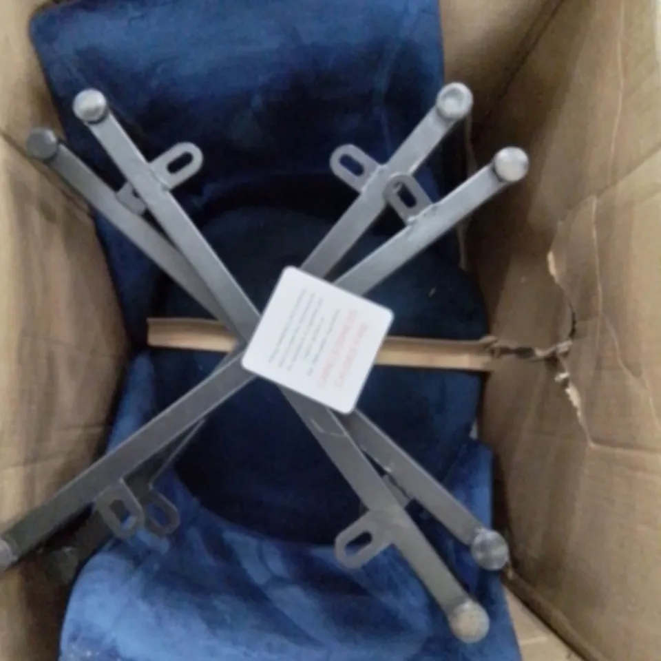 A BOXED PAIR OF BLUE VELVET UPHOLSTERED DINING ROOM CHAIRS 