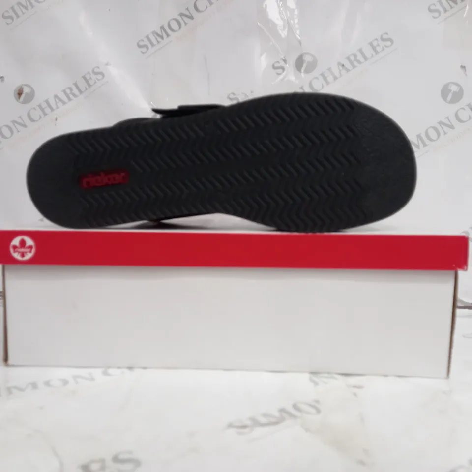 BOXED PAIR OF RIEKER WEDGE SANDALS BLACK IN SIZE 8