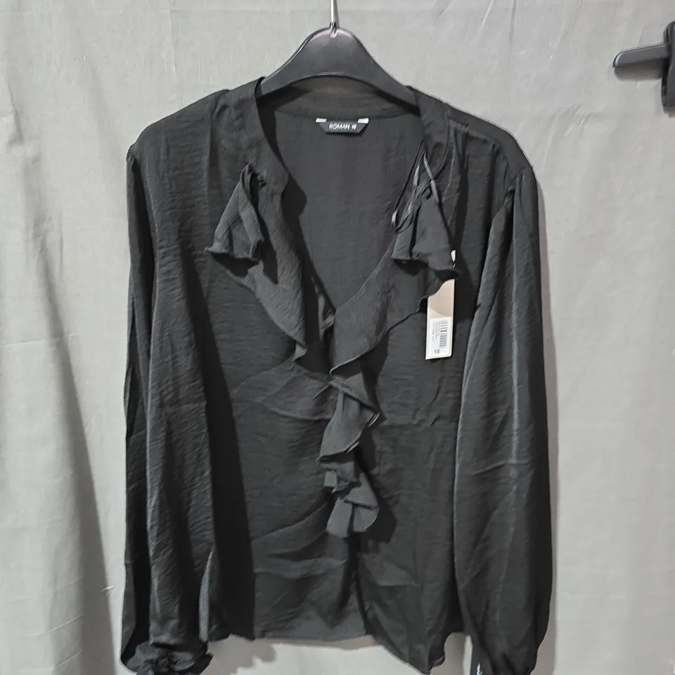 ROMAN BLACK BLOUSE WITH RUFFLE FRONT – UK SIZE 18
