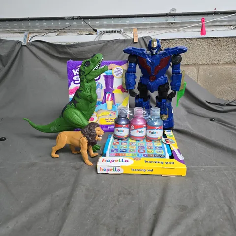 CAGE CONTAINING A LARGE QUANTITY OF KIDS TOYS AND GAMES TO INCLUDE KINETIC SAND, TRANSFORMERS FIGURE, HAPELLO LEARNING PAD, ASSORTED PAINTS, ASSORTED ANIMAL TOYS ETC