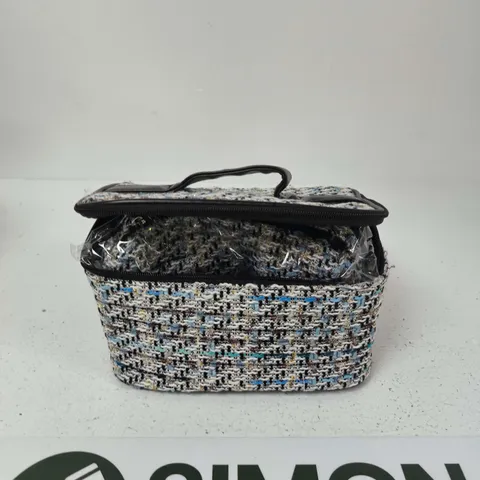 TWEED FABRIC COSMETICS BAG WITH BLACK TRIM AND TOP HANDLE