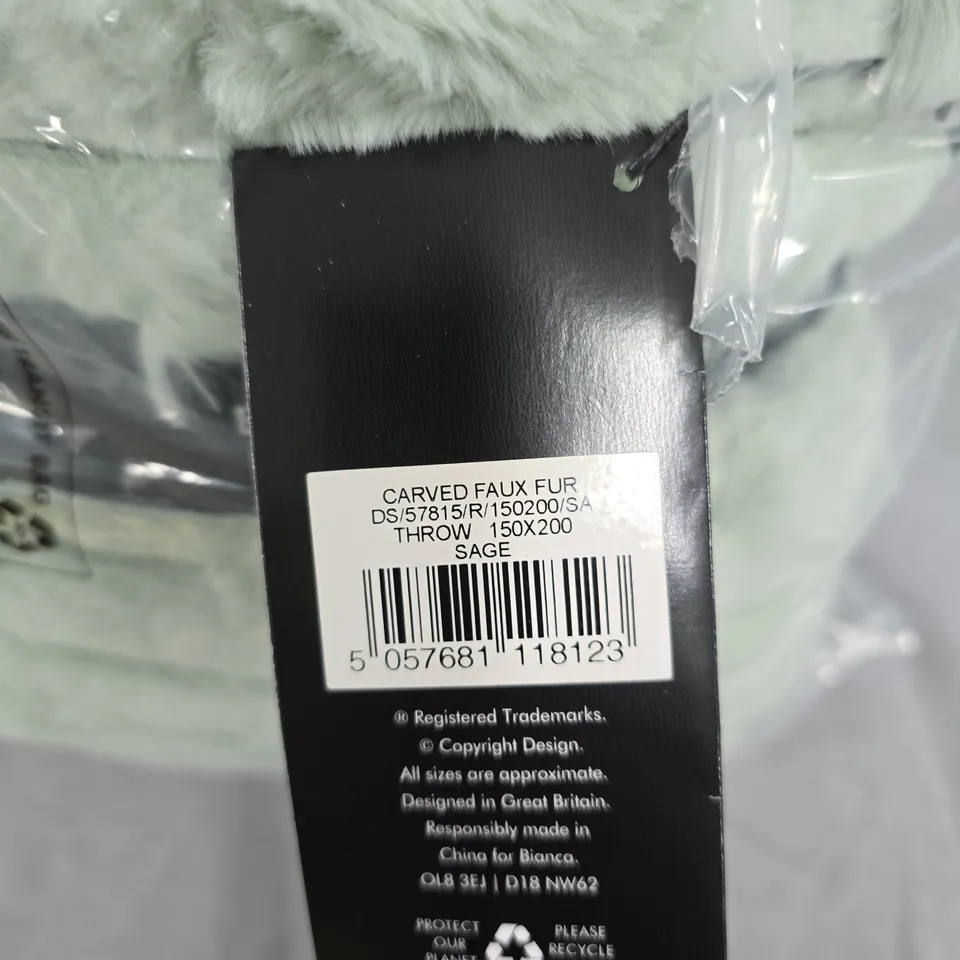 BIANCA FINE LINENS CARVED FAUX FUR THROW – SAGE, 150 X 200 CM