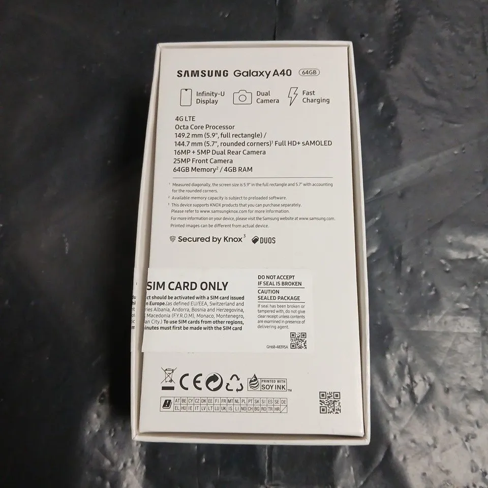 SAMSUNG GALAXY A40 SMARTPHONE – BLACK PRISM, 64GB – BOXED