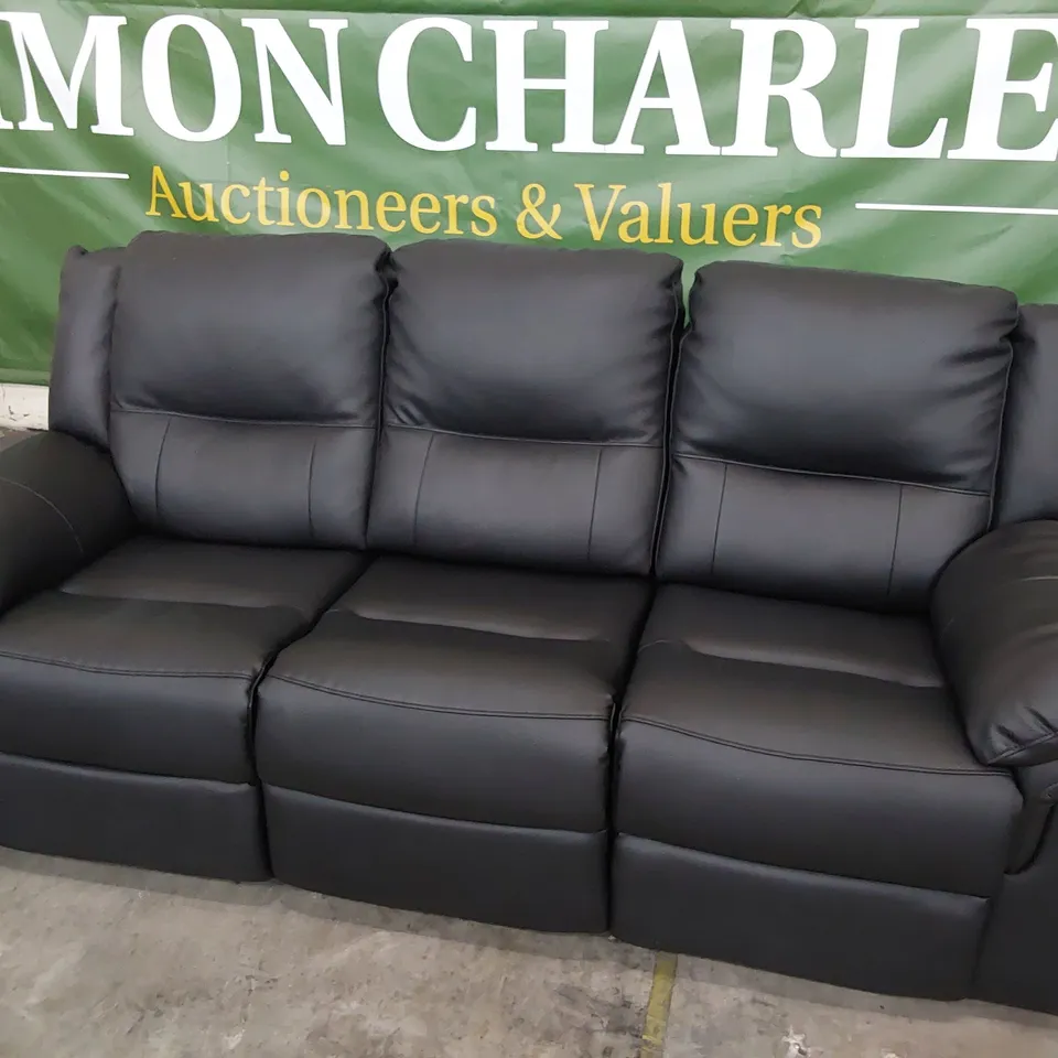 DESIGNER MANUAL RECLINING THREE SEATER SOFA BLACK FAUX LEATHER