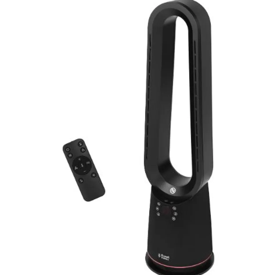 BOXED RUSSELL HOBBS BLADELESS ELECTRIC HEATER & COOLING FAN 2000W WITH REMOTE CONTROL IN BLACK, 9 COOLING SPEEDS & 4 HEATING SPEEDS, HOT & COOL WITH TOUCH CONTROL, AND LED DISPLAY, 8-HOUR TIMER, RHBHC