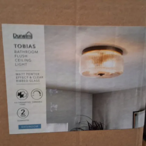 BOXED TOBIAS BATHROOM FLUSH CEILING LIGHT - MATT PEWTER FINISH & CLEAR RIBBED GLASS (DUNELM)