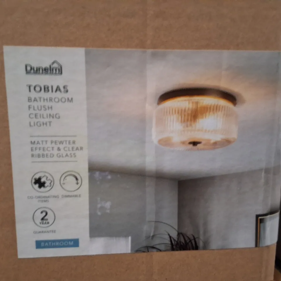 BOXED TOBIAS BATHROOM FLUSH CEILING LIGHT - MATT PEWTER FINISH & CLEAR RIBBED GLASS (DUNELM)