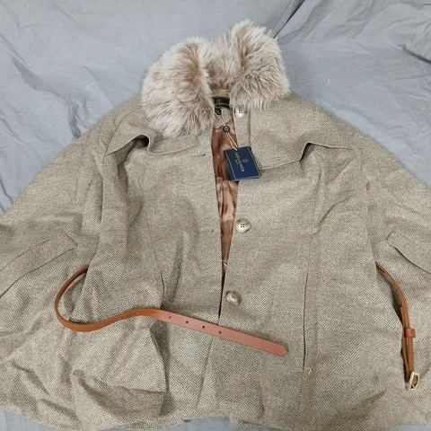 FAIRFAX & FAVOR THE SIENNA WOOL CAPE WITH GARMENT BAG - TAUPE HERRINGBONE - 12