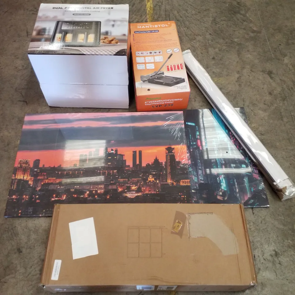 PALLET CONTAINING ASSORTED PRODUCTS INCLUDING DUAL ZONE AIR FRYER, VINYL FLOORING CUTTER, WRAPPED CANVAS PRINTS, ROLLER BLIND & CHEST OF DRAWERS 