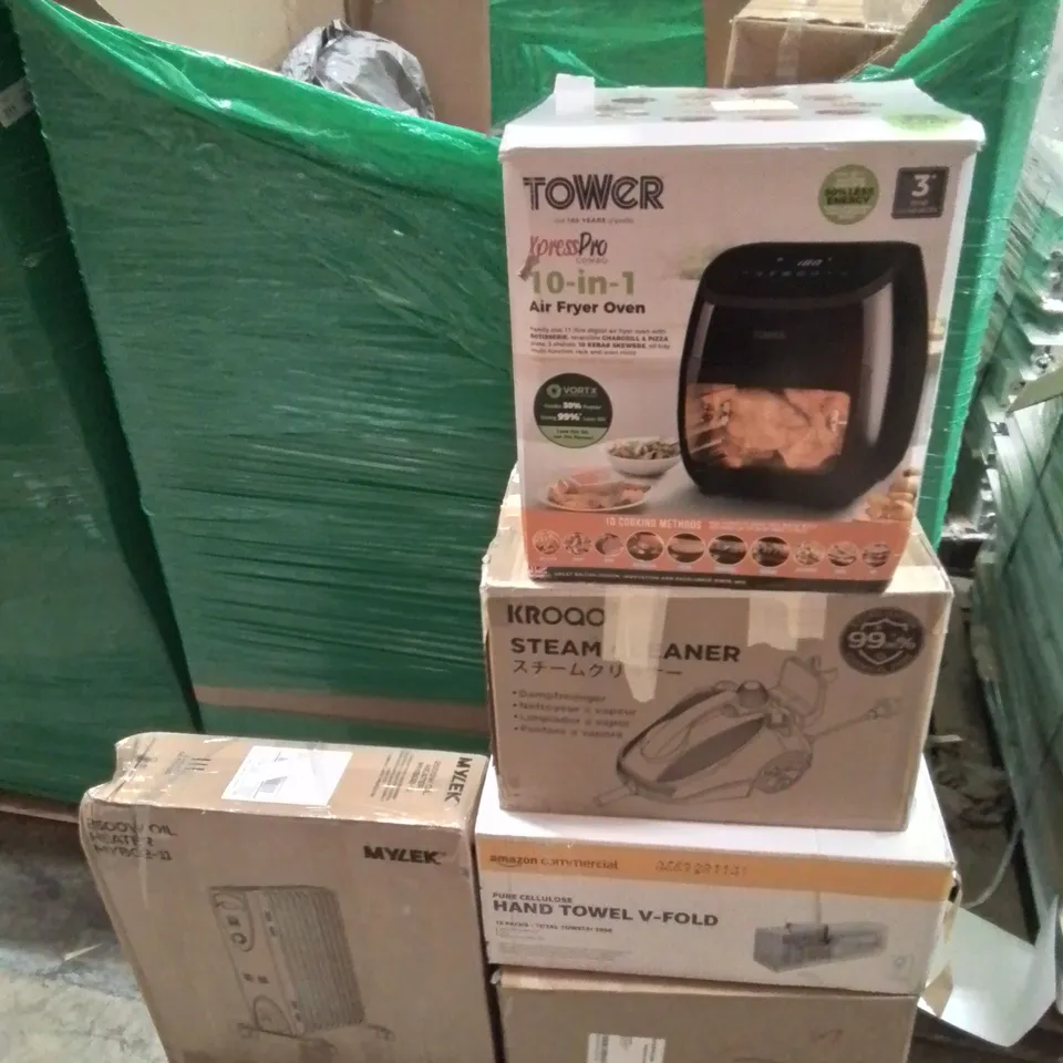 PALLET CONTAINING VARIOUS BOXED HOUSEHOLD ITEMS TO INCLUDE: AIR FRYER OVEN, STEAM CLEANER,  OIL FILLED RADIATOR,  HAND TOWEL V-FOLD, DEWALT VACUUM AND LOTS MORE UNMARKED BOXED ITEMS.