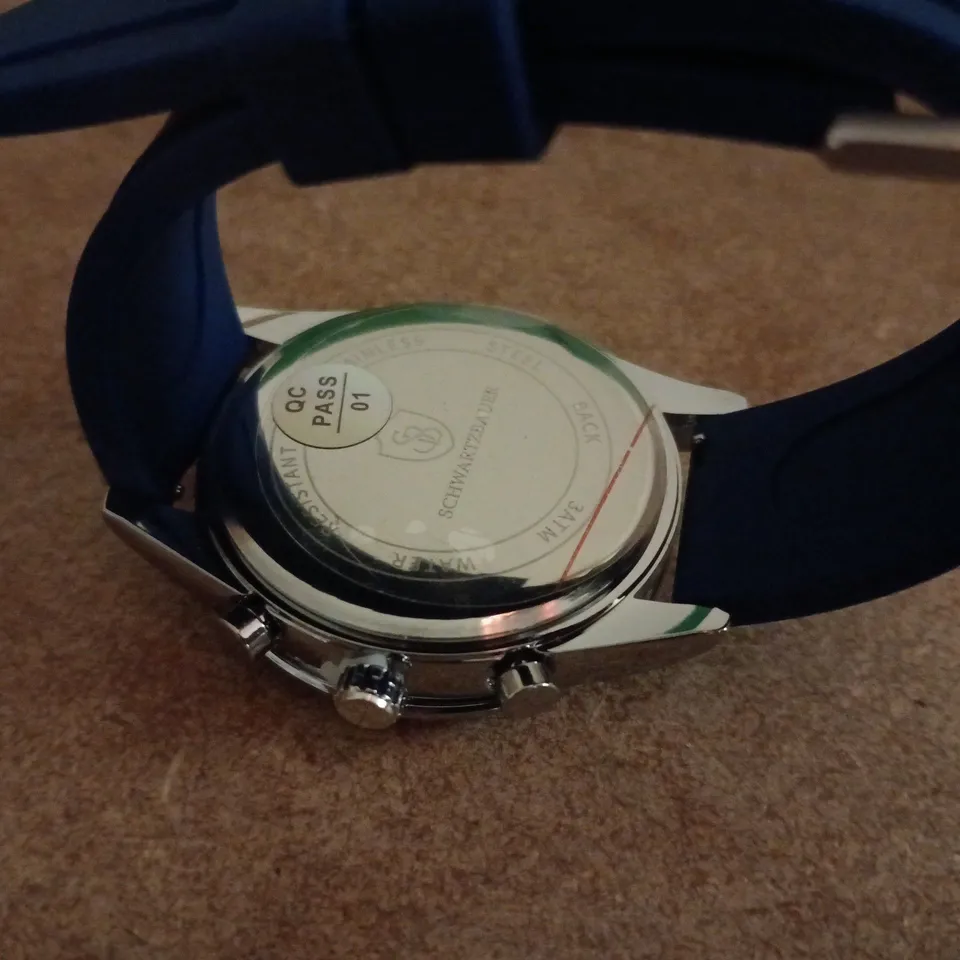 SCHWARTZBAUER CHRONOGRAPH WRISTWATCH WITH BLUE DIAL – BOXED