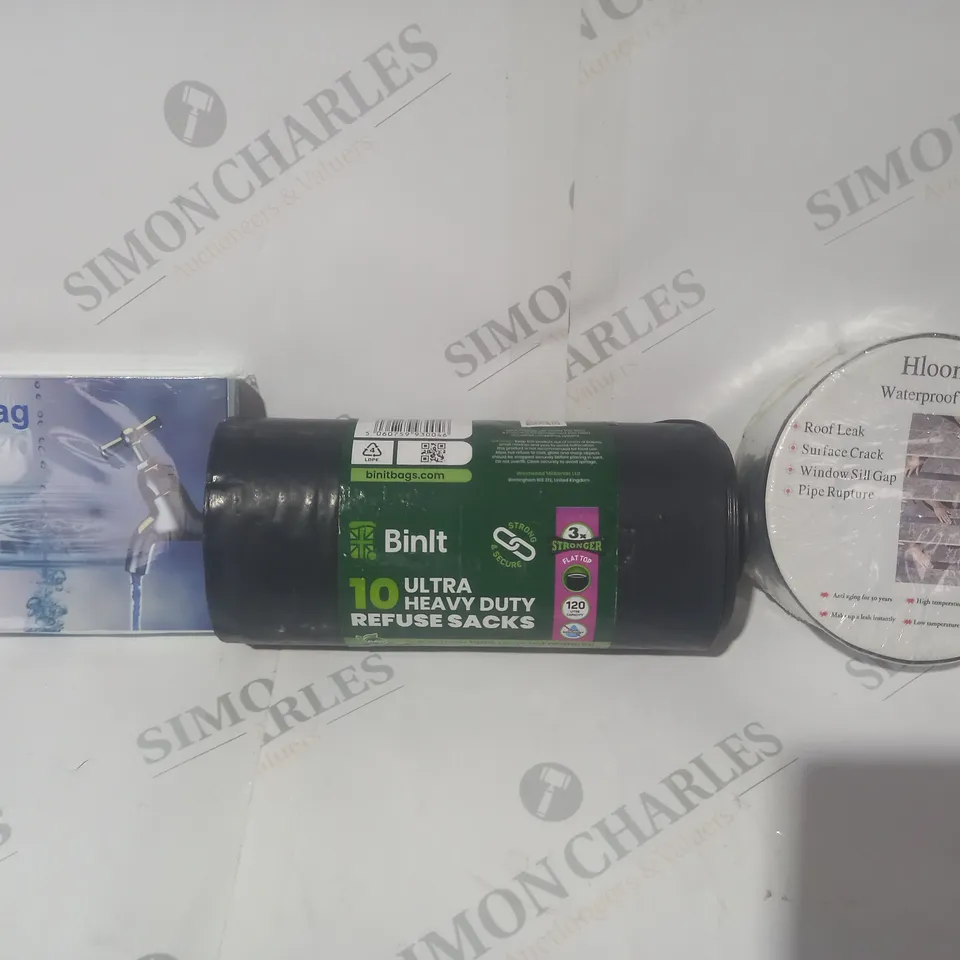 BOX OF APPROXIMATELY 20 ASSORTED HOUSEHOLD ITEMS TO INCLUDE HLOOMF WATERPROOF TAPE, ULTRA HEAVY DUTY REFUSE SACKS, TURBOMAG MAGNETIC WATER CONDITIONER, ETC