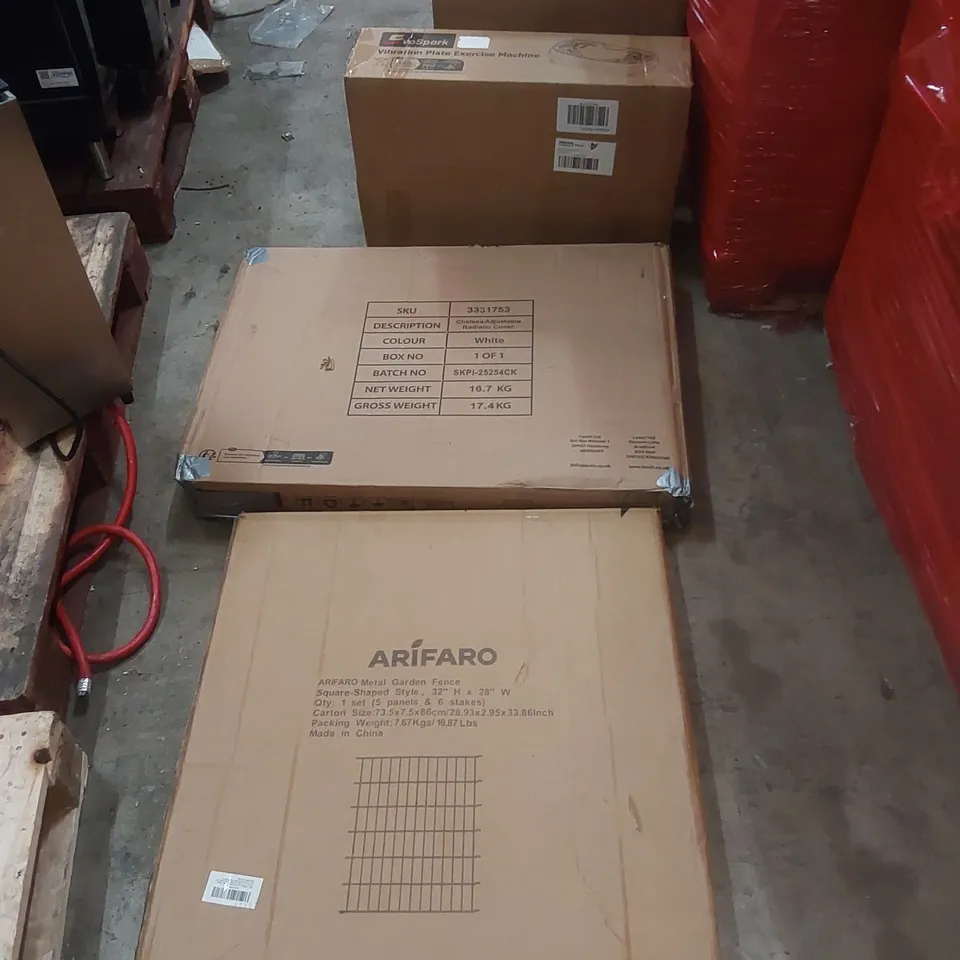 PALLET CONTAINING A LARGE QUANTITY OF ASSORTED ITEMS INCLUDING: OFFICE CHAIR, RADIATOR COVER, CEILING FAN, VIBRATION PLATE EXERCISE MACHINE, METAL GARDEN FENCE ECT