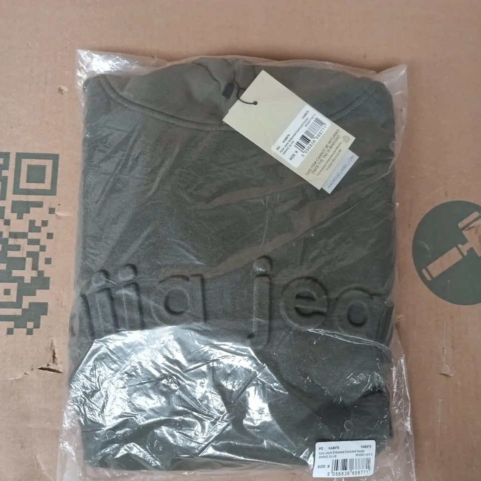 BAGGED KAIIA JEANS EMBOSSED OVERSIZED HOODIE IN SMOKE OLIVE SIZE 6