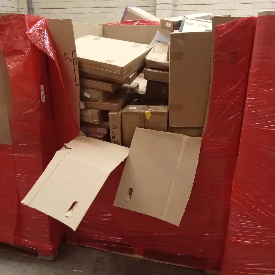 PALLET OF ASSORTED HOUSEHOLD GOODS AND PRODUCTS TO INCLUDE; SUITCASE, SENSORY PLAY TRAY SET, TOILET BOOSTER SEAT, BOXED FURNITURE ETC