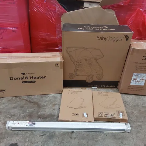 PALLET OF ASSORTED ITEMS INCLUDING: CITY MINI GT2 DOUBLE BABY JOGGER, DONALD HEATER, 3-PIECE LIGHTED CHRISTMAS DEER DECORATIONS, ROLLER BLIND, TOILET SEATS ECT