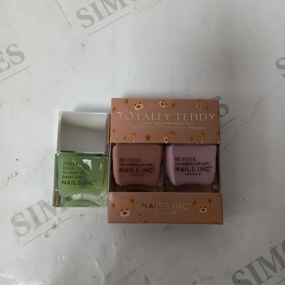 BOX OF 3 NAILS.INC NAIL PRODUCTS TO INCLUDE TOTALLY TEDDY DUO, NAILKALE BASE COAT. 