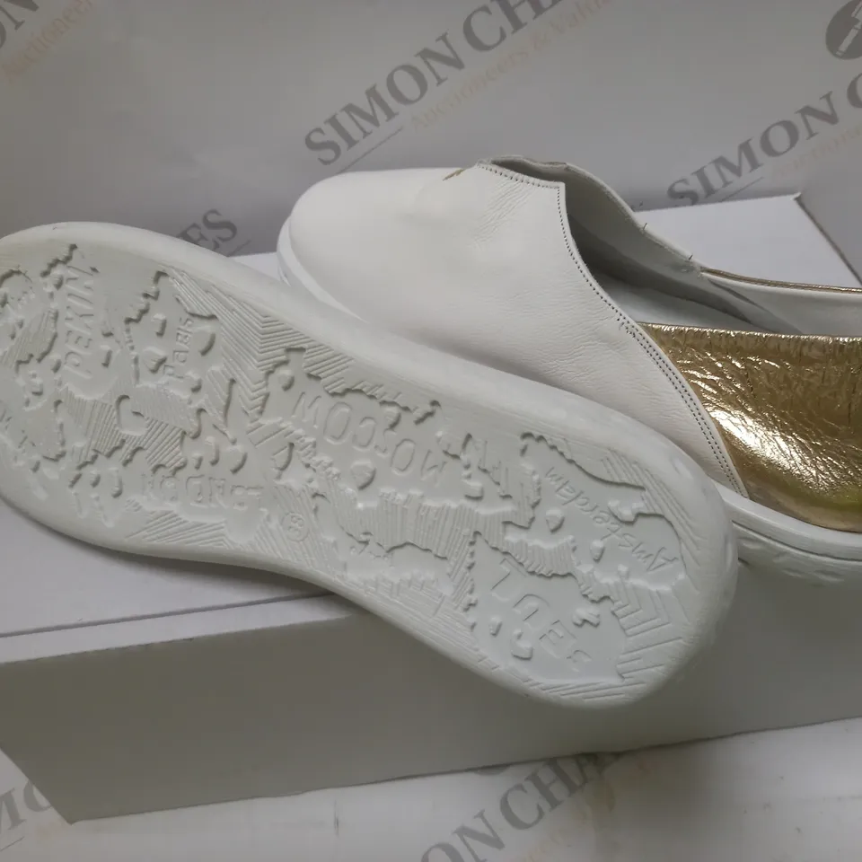 WHITE AND GOLD SLIP ON SHOES - SIZE 5