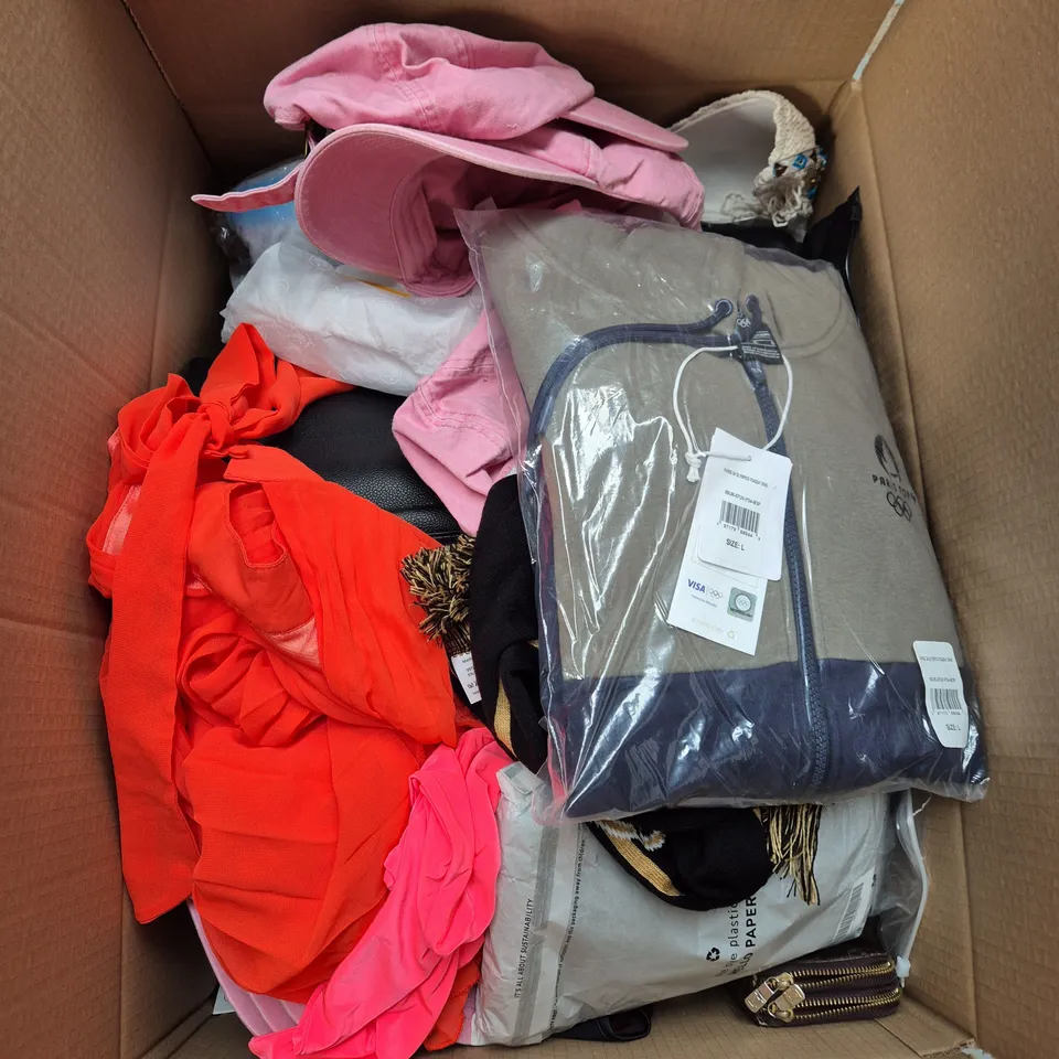 LARGE BOX OF ASSORTED CLOTHING ITEMS IN VARIOUS SIZES, STYLES AND COLOUR 