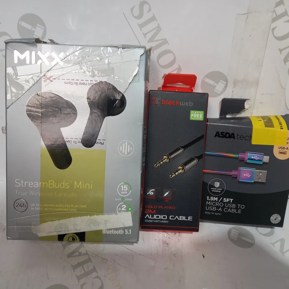 LOT OF APPROXIMATELY 20 ASSORTED HOUSEHOLD ITEMS TO INCLUDE MIXX STREAMBUDS MINI TRUE WIRELESS EARBUDS, BLACKWEB GOLD PLATED AUDIO CABLE, ASDA TECH MICRO USB TO USB-A CABLE, ETC