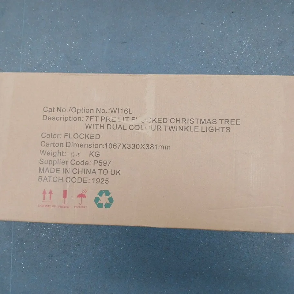 BOXED 7FT DENVER PRE LIT FLOCKED CHRISTMAS TREE WITH DUAL COLOUR TWINKLE LIGHTS