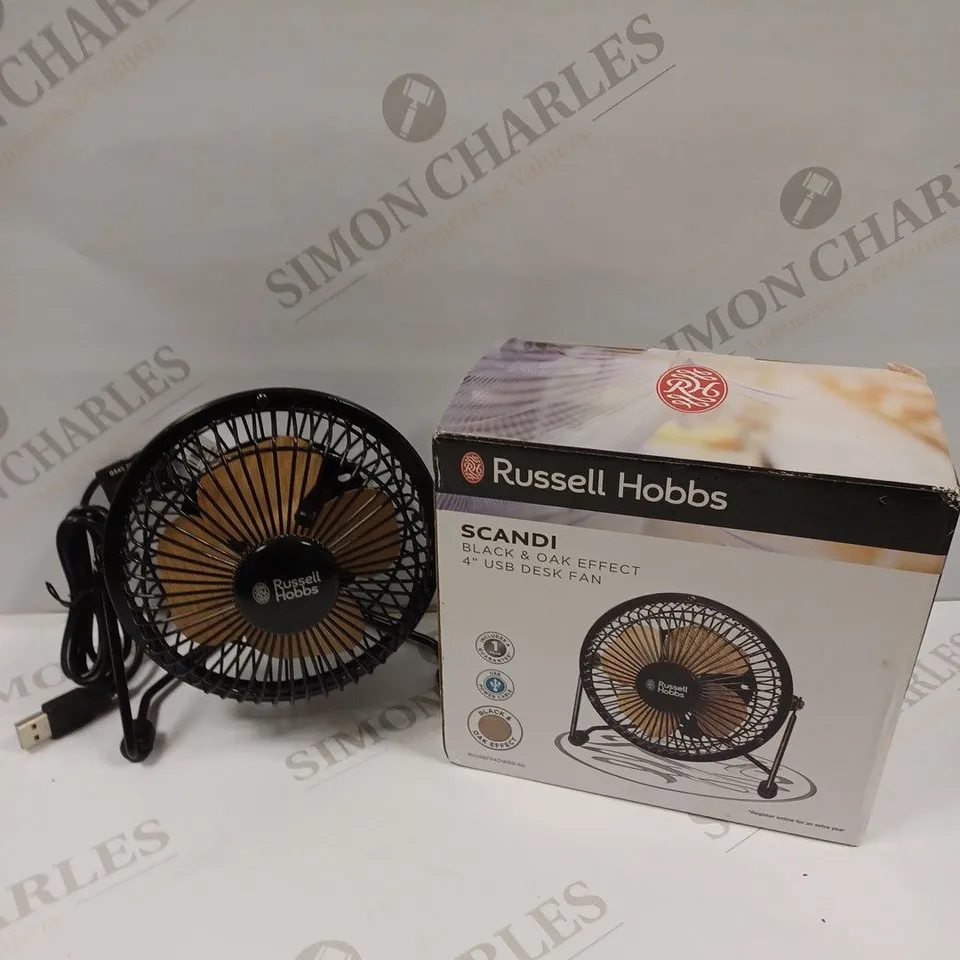 BOXED RUSSELL HOBBS SCANDI BLACK & OAK EFFECT USB DESK FAN