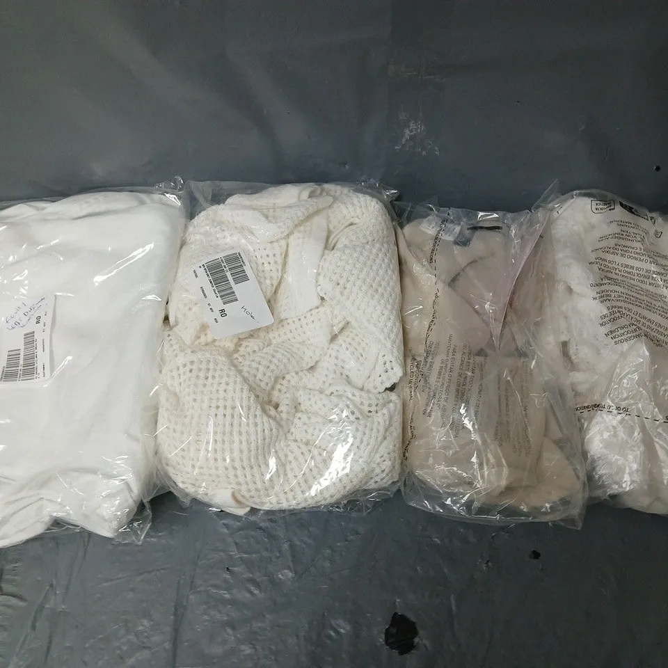 BOX OF APPROXIMATELY 8 ASSORTED BAGGED PIECES OF CLOTHING IN VARIOUS STYLES, SIZES, AND BRANDS 