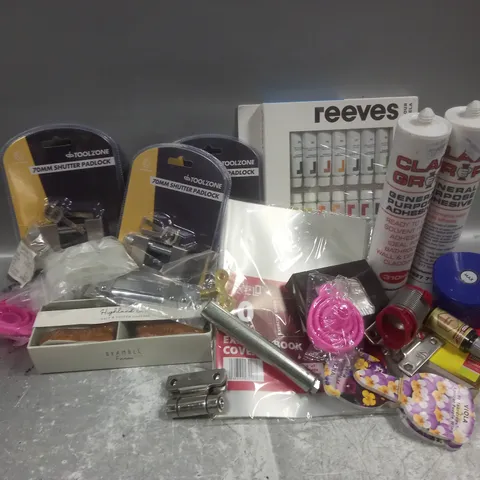 APPROXIMATELY 12 ASSORTED HOUSEHOLD PRODUCTS TO INCLUDE REEVES WATERCOLOURS, GENERAL PURPOSE ADHESIVE, TOOLZONE 70MM SHUTTER PADLOCK