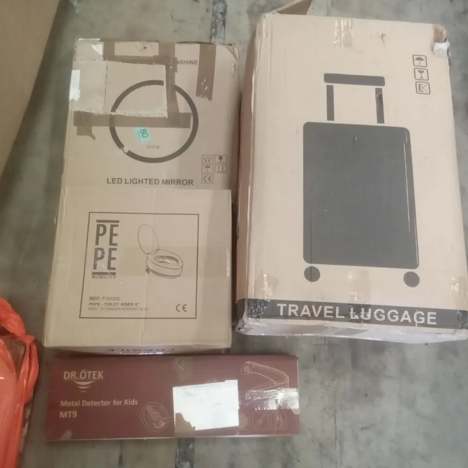 PALLET OF ASSORTED ITEMS INCLUDING TRAVEL LUGGAGE, PEPE TOILET RISER 6", ROUND LED LIGHTED MIRROR, METAL DETECTOR FOR KIDS