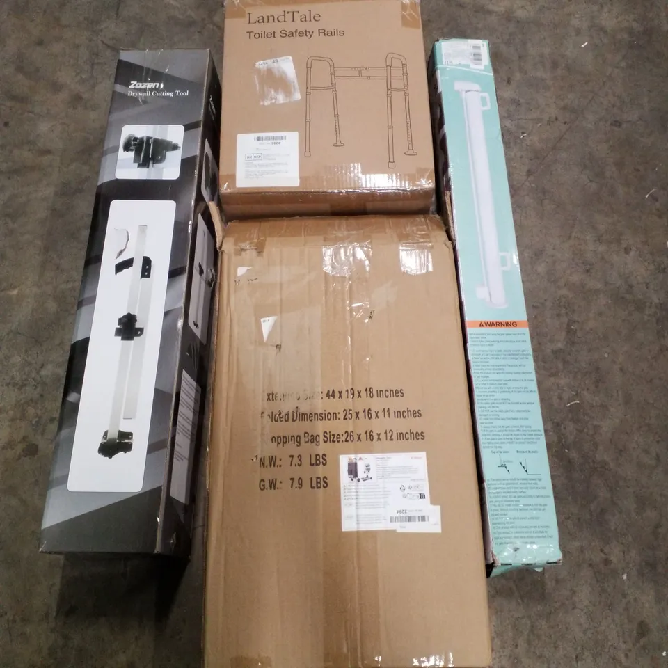 PALLET CONTAINING ASSORTED PRODUCTS INCLUDING DRYWALL CUTTING TOOL, TOILET SAFETY RAILS, SHOPPING CART, RETRACTABLE SAFTEY GATE